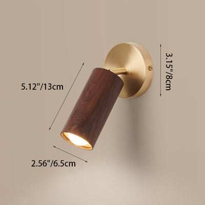 Modern Minimalist Round Cylinder Copper Wood Shade LED Wall Sconce Lamp For Bedroom