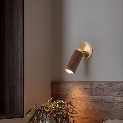 Modern Minimalist Round Cylinder Copper Wood Shade LED Wall Sconce Lamp For Bedroom