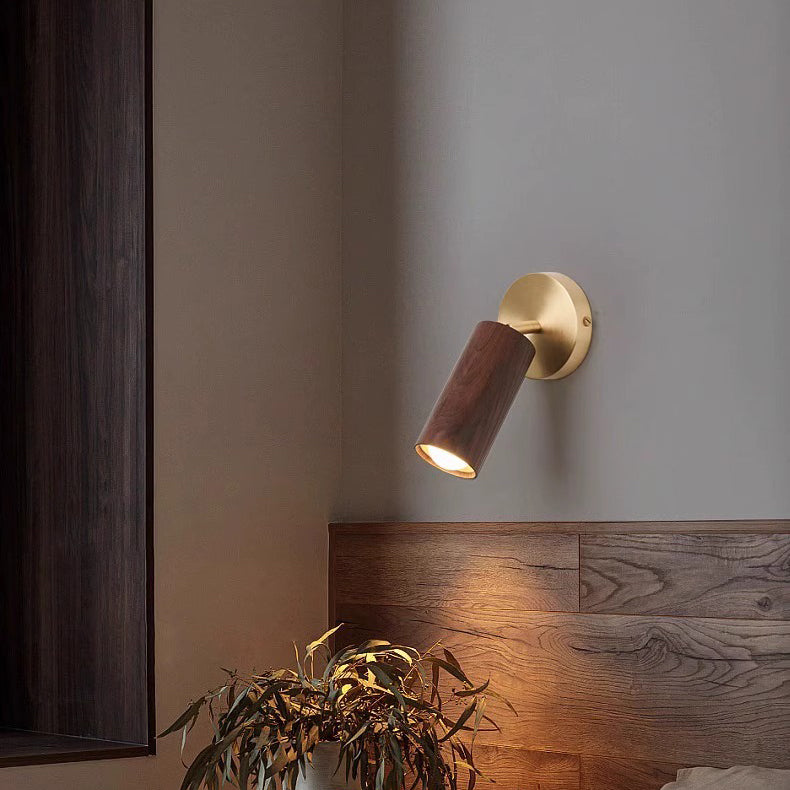 Modern Minimalist Round Cylinder Copper Wood Shade LED Wall Sconce Lamp For Bedroom