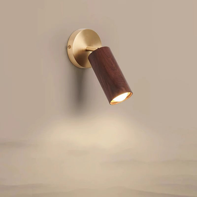 Modern Minimalist Round Cylinder Copper Wood Shade LED Wall Sconce Lamp For Bedroom