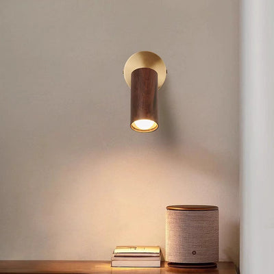 Modern Minimalist Round Cylinder Copper Wood Shade LED Wall Sconce Lamp For Bedroom