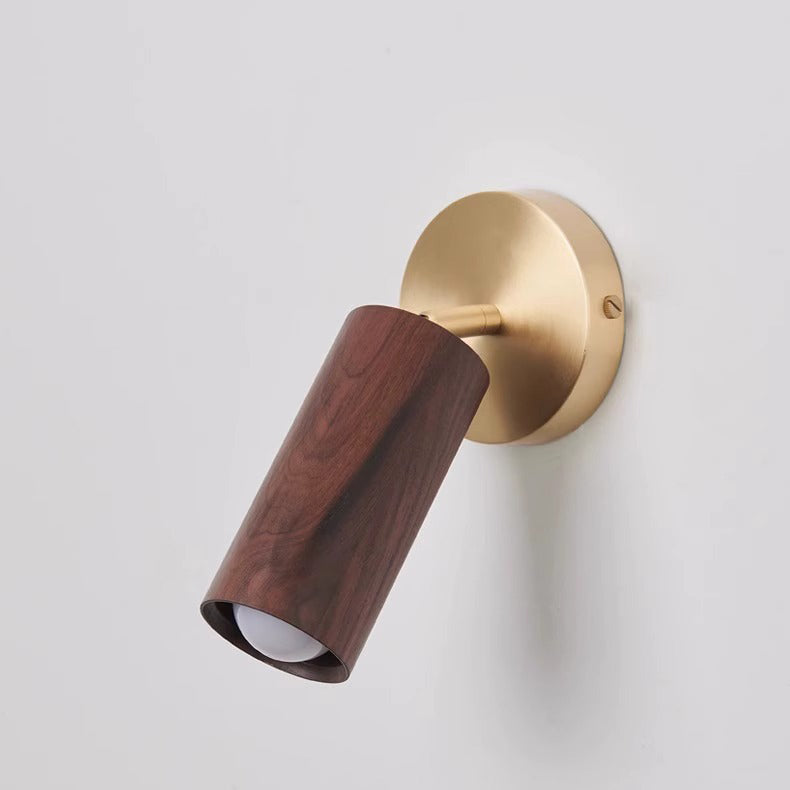 Modern Minimalist Round Cylinder Copper Wood Shade LED Wall Sconce Lamp For Bedroom