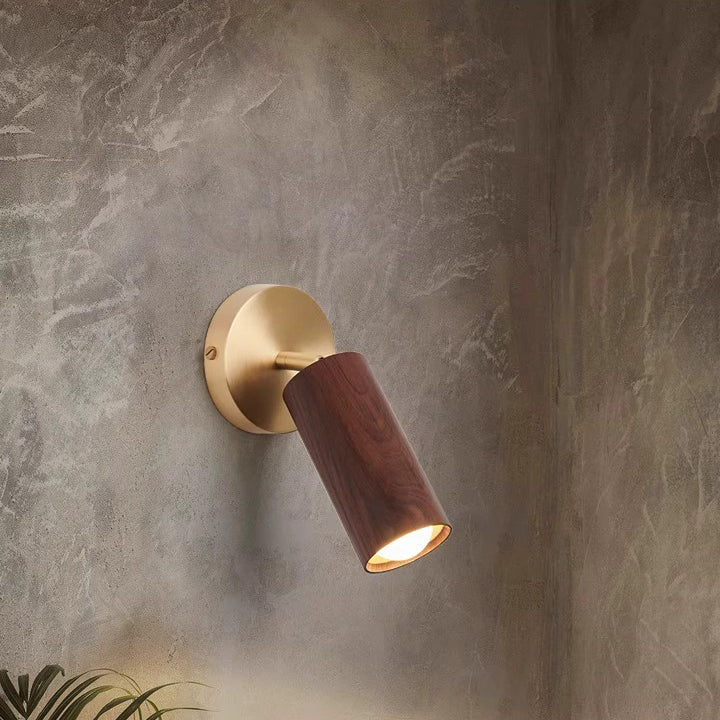 Modern Minimalist Round Cylinder Copper Wood Shade LED Wall Sconce Lamp For Bedroom