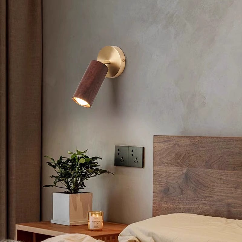 Modern Minimalist Round Cylinder Copper Wood Shade LED Wall Sconce Lamp For Bedroom