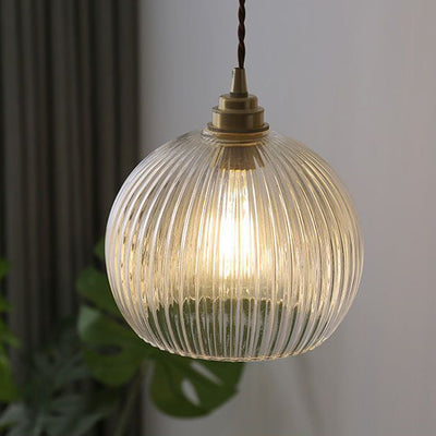 Traditional Japanese Globe Striped Glass Shade Iron 1-Light Pendant Light For Living Room