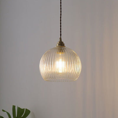 Traditional Japanese Globe Striped Glass Shade Iron 1-Light Pendant Light For Living Room