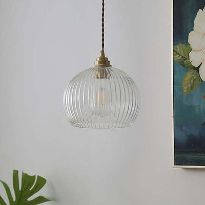 Traditional Japanese Globe Striped Glass Shade Iron 1-Light Pendant Light For Living Room