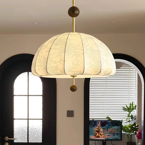 Traditional French Dome Half Oval Floral Printed Fabric Shade Iron Wood Frame 3/4/5 Light Pendant Light For Living Room