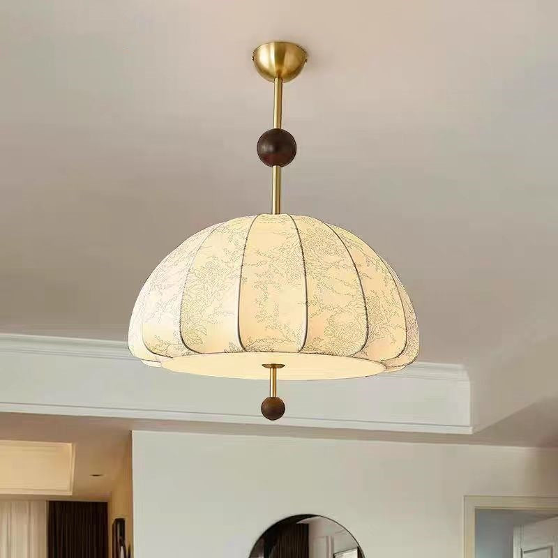 Traditional French Dome Half Oval Floral Printed Fabric Shade Iron Wood Frame 3/4/5 Light Pendant Light For Living Room