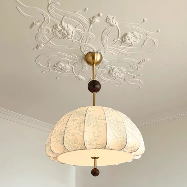 Traditional French Dome Half Oval Floral Printed Fabric Shade Iron Wood Frame 3/4/5 Light Pendant Light For Living Room