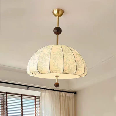 Traditional French Dome Half Oval Floral Printed Fabric Shade Iron Wood Frame 3/4/5 Light Pendant Light For Living Room