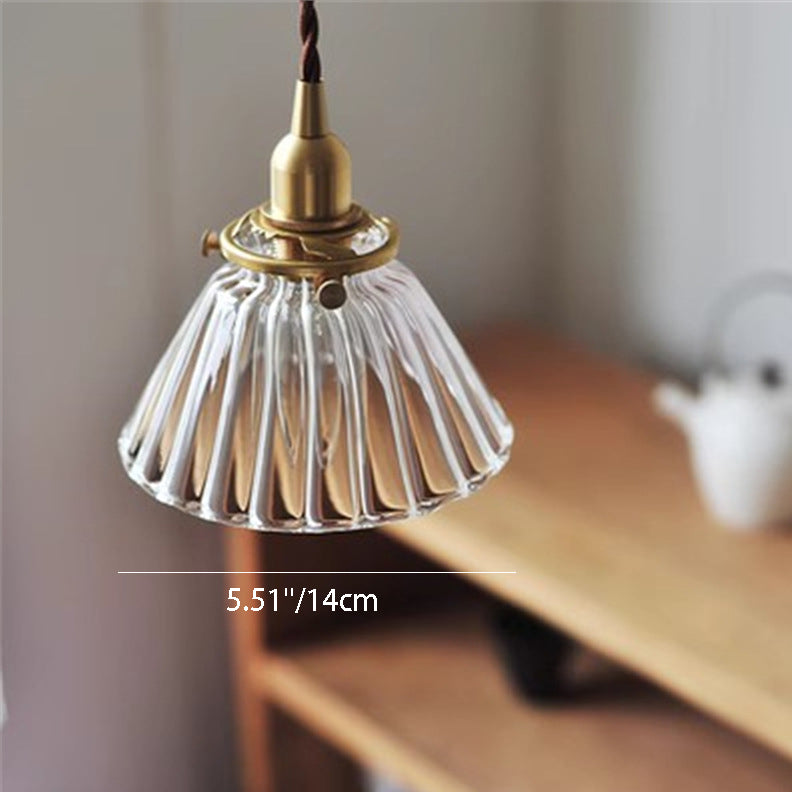 Contemporary Nordic Round Trapezoidal Striped Glass Shade Brass 1-Light Pendant Light For Living Room