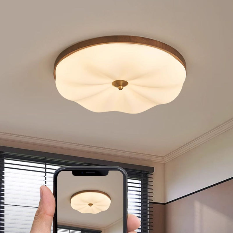 Contemporary Retro Round Irregular Surface Copper Wood Acrylic LED Flush Mount Ceiling Light For Bedroom