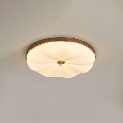 Contemporary Retro Round Irregular Surface Copper Wood Acrylic LED Flush Mount Ceiling Light For Bedroom