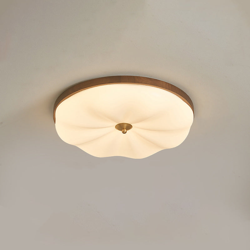 Contemporary Retro Round Irregular Surface Copper Wood Acrylic LED Flush Mount Ceiling Light For Bedroom