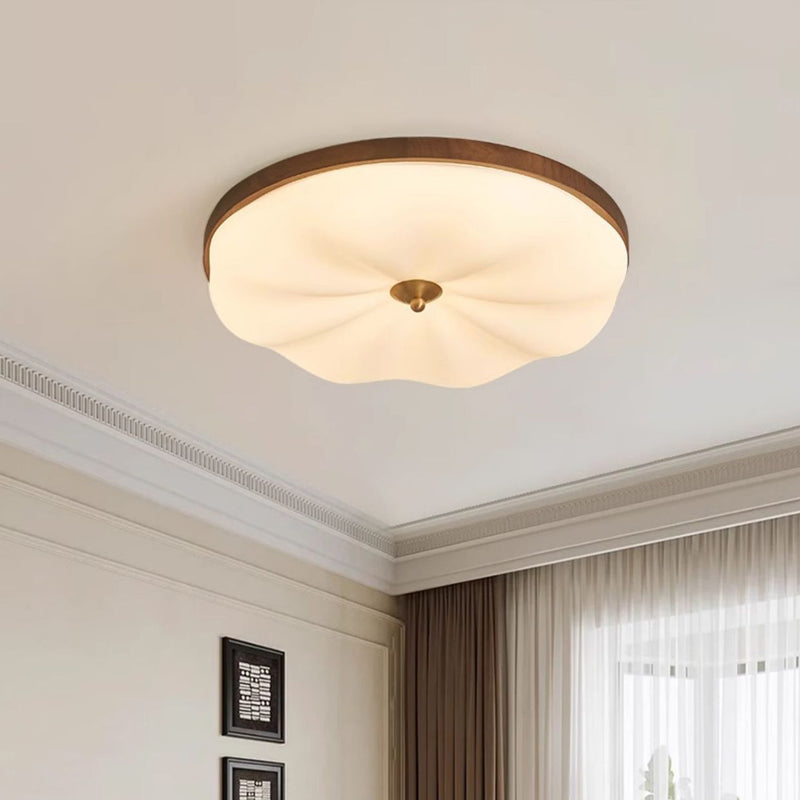 Contemporary Retro Round Irregular Surface Copper Wood Acrylic LED Flush Mount Ceiling Light For Bedroom