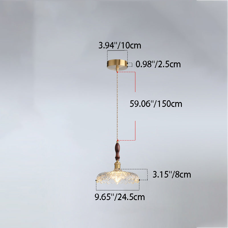 Traditionelle französische runde Blütenblattknospen-Glas-Schirm Holz Aluminium 1-Licht Pendelleuchte für das Wohnzimmer 