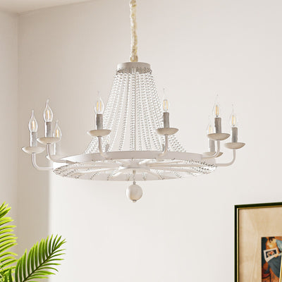 Traditional Rustic Round Beaded Candle Holder Iron Crystal 6/8/10/12 Light Chandelier For Living Room