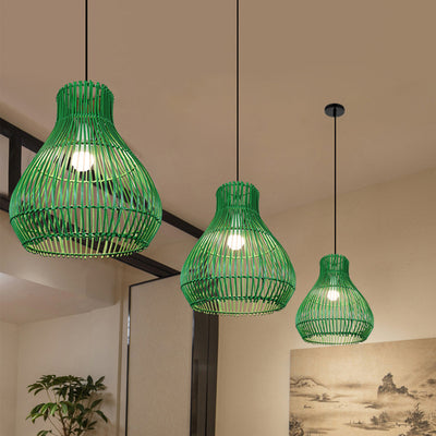 Contemporary Creative Round Gourd Shape Iron Rattan 1-Light Pendant Light For Living Room