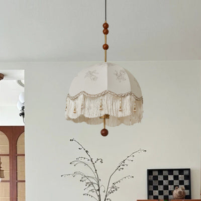 Traditional French Dome Round Tassel Floral Printed Fabric Shade Wooden Iron Frame 3-Light Pendant Light For Living Room