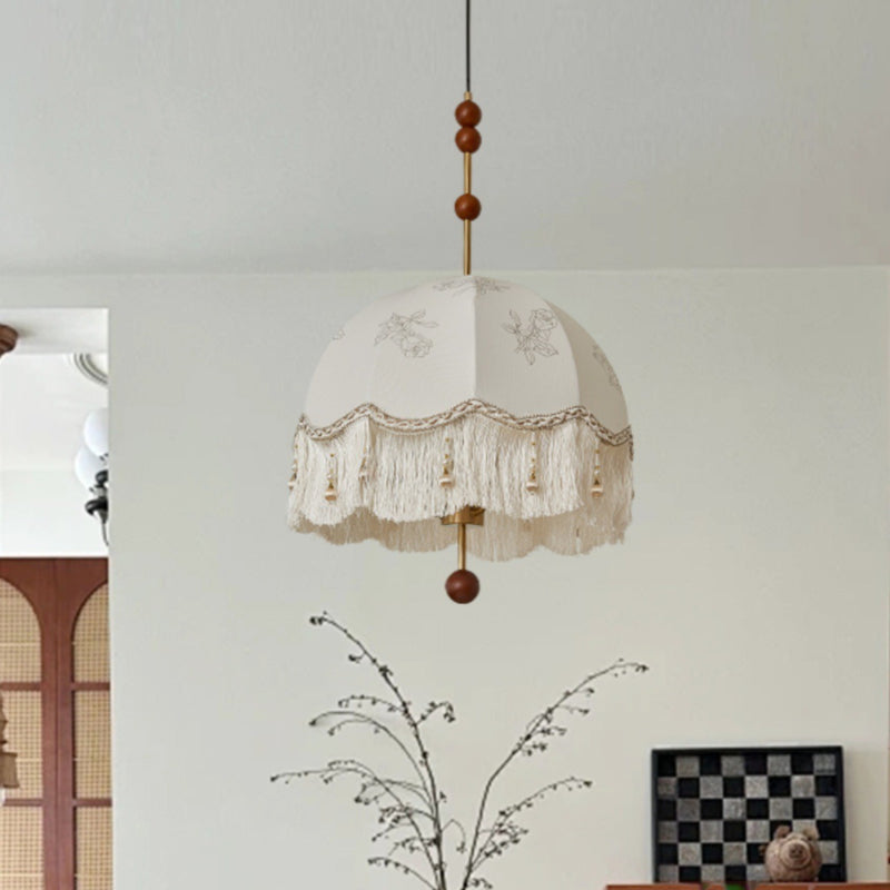 Traditional French Dome Round Tassel Floral Printed Fabric Shade Wooden Iron Frame 3-Light Pendant Light For Living Room