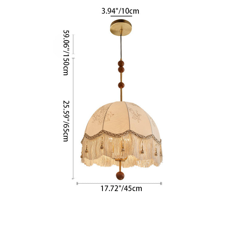 Traditional French Dome Round Tassel Floral Printed Fabric Shade Wooden Iron Frame 3-Light Pendant Light For Living Room