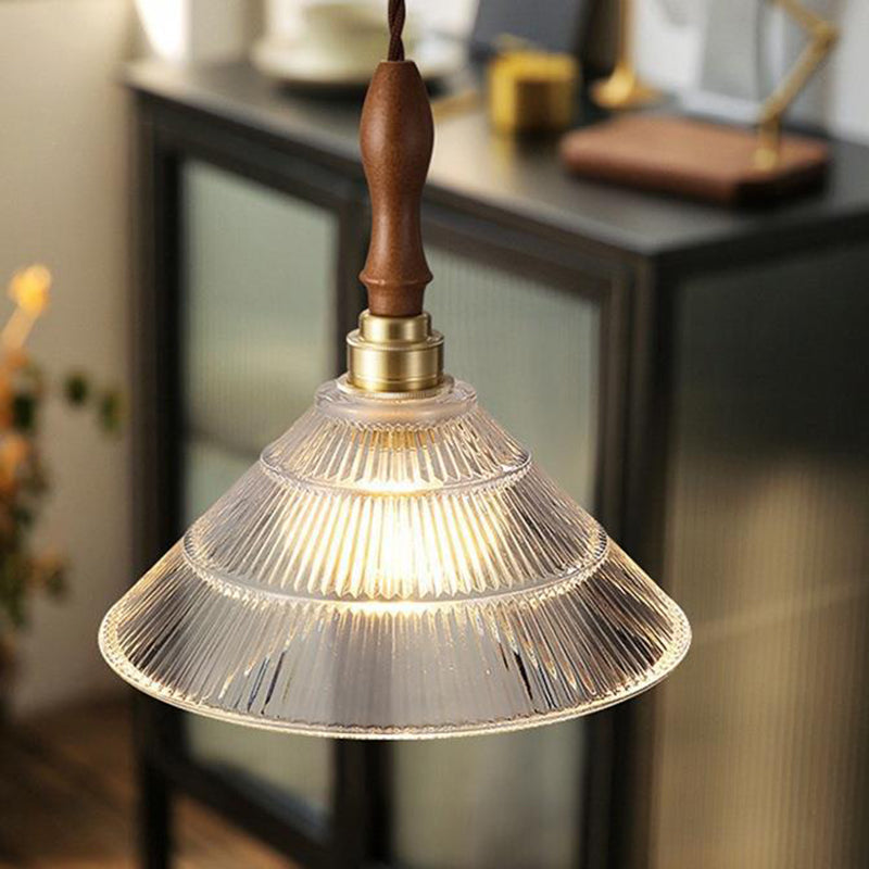 Contemporary Retro Round Cone Stripe Glass Shade Wood Brass 1-Light Pendant Light For Living Room