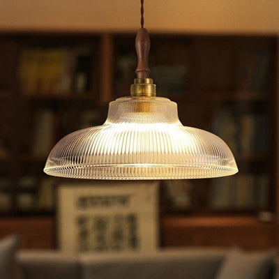 Contemporary Retro Round Cone Stripe Glass Shade Wood Brass 1-Light Pendant Light For Living Room