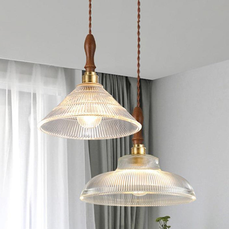 Contemporary Retro Round Cone Stripe Glass Shade Wood Brass 1-Light Pendant Light For Living Room