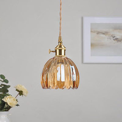 Contemporary Nordic Round Flower Glass Shade Iron Brass 1-Light Pendant Light For Living Room