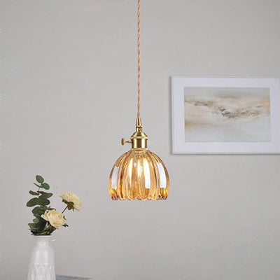 Contemporary Nordic Round Flower Glass Shade Iron Brass 1-Light Pendant Light For Living Room