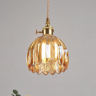 Contemporary Nordic Round Flower Glass Shade Iron Brass 1-Light Pendant Light For Living Room