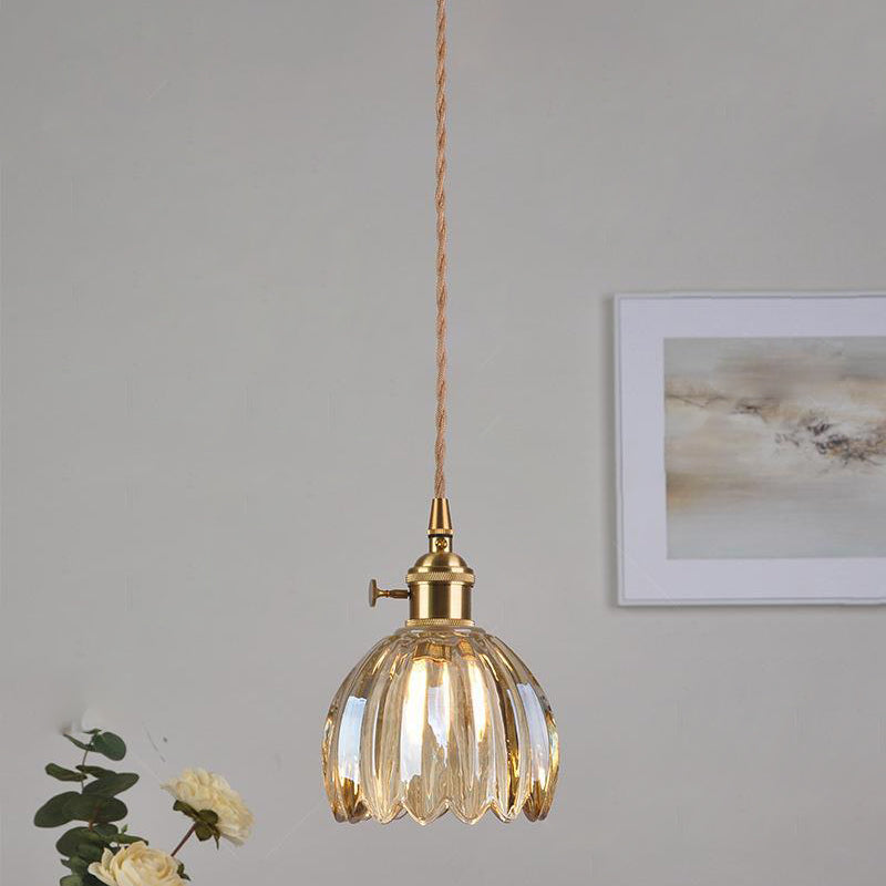 Contemporary Nordic Round Flower Glass Shade Iron Brass 1-Light Pendant Light For Living Room