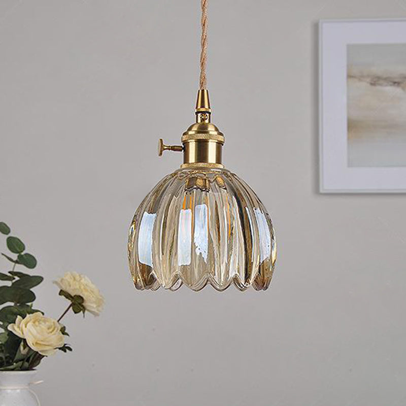 Contemporary Nordic Round Flower Glass Shade Iron Brass 1-Light Pendant Light For Living Room