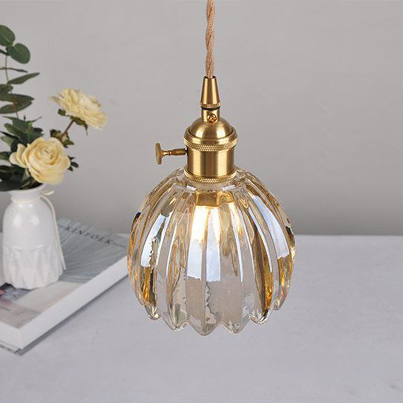 Contemporary Nordic Round Flower Glass Shade Iron Brass 1-Light Pendant Light For Living Room