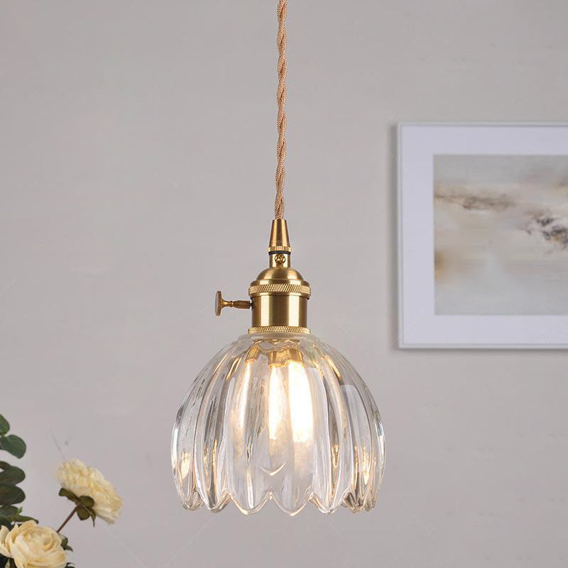 Contemporary Nordic Round Flower Glass Shade Iron Brass 1-Light Pendant Light For Living Room