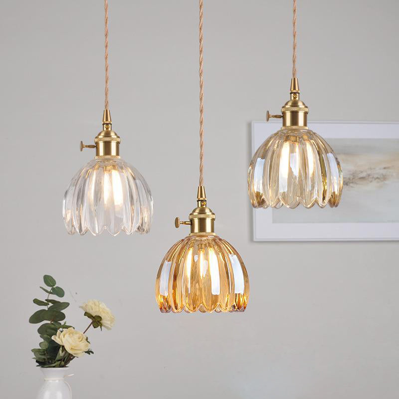 Contemporary Nordic Round Flower Glass Shade Iron Brass 1-Light Pendant Light For Living Room