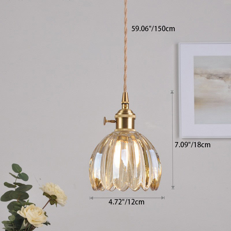 Contemporary Nordic Round Flower Glass Shade Iron Brass 1-Light Pendant Light For Living Room