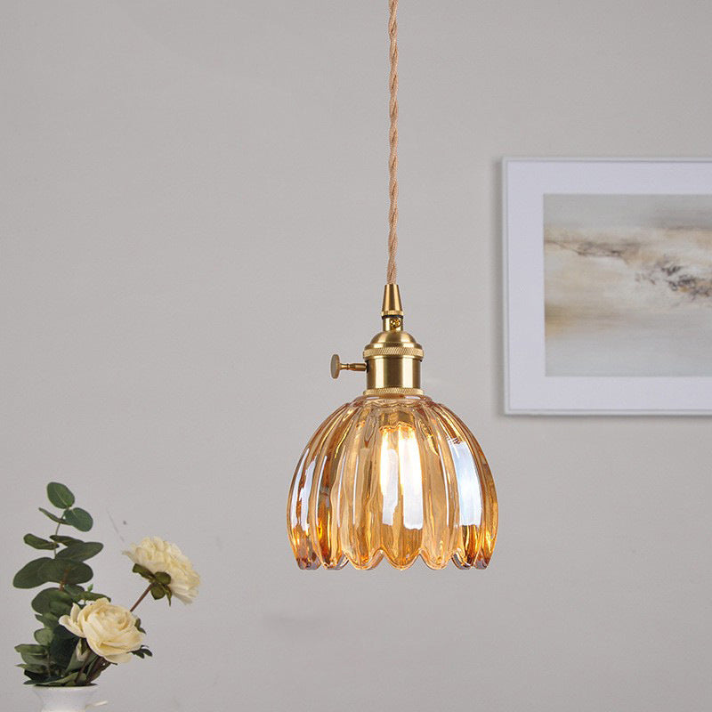 Contemporary Nordic Round Flower Glass Shade Iron Brass 1-Light Pendant Light For Living Room