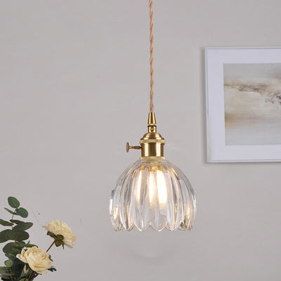 Contemporary Nordic Round Flower Glass Shade Iron Brass 1-Light Pendant Light For Living Room