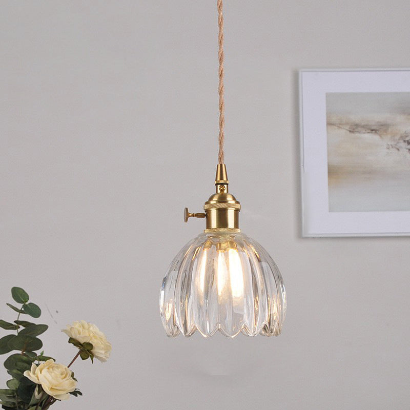 Contemporary Nordic Round Flower Glass Shade Iron Brass 1-Light Pendant Light For Living Room