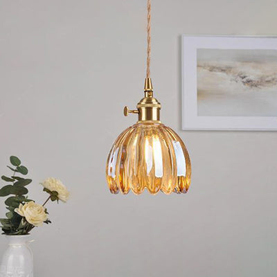 Contemporary Nordic Round Flower Glass Shade Iron Brass 1-Light Pendant Light For Living Room