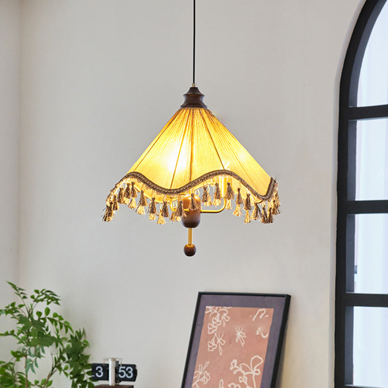 Traditional French Triangle Tassel Fabric Shade Wood Iron Frame 3-Light Pendant Light For Living Room