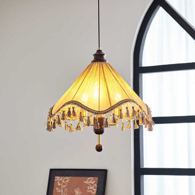 Traditional French Triangle Tassel Fabric Shade Wood Iron Frame 3-Light Pendant Light For Living Room