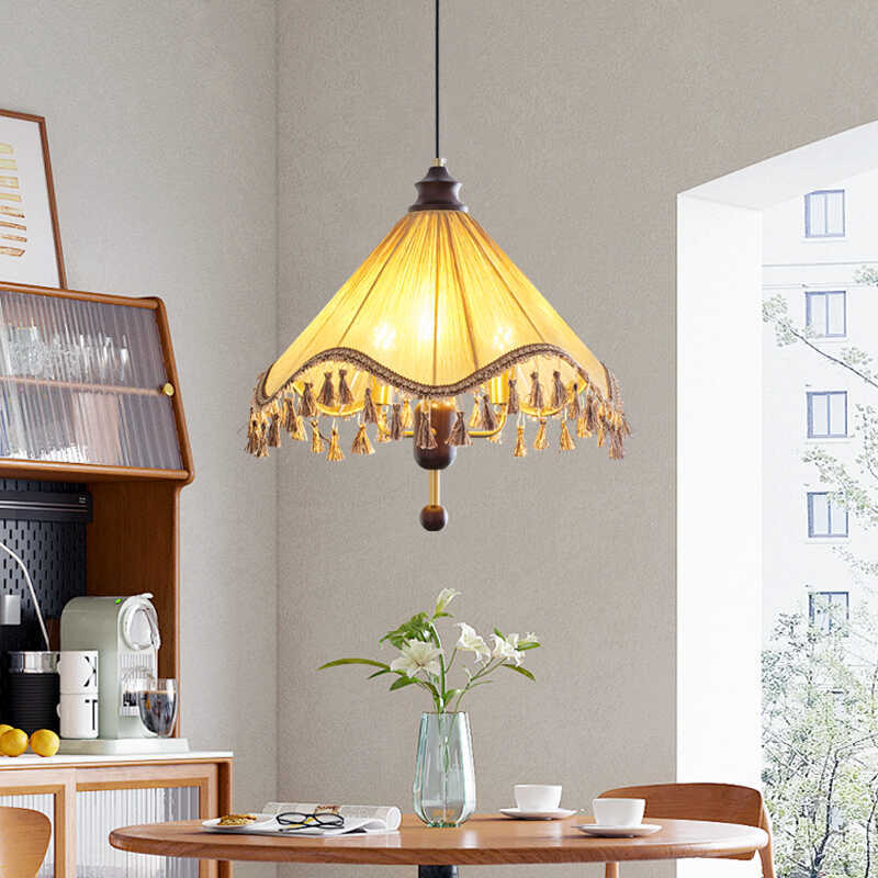 Traditional French Triangle Tassel Fabric Shade Wood Iron Frame 3-Light Pendant Light For Living Room