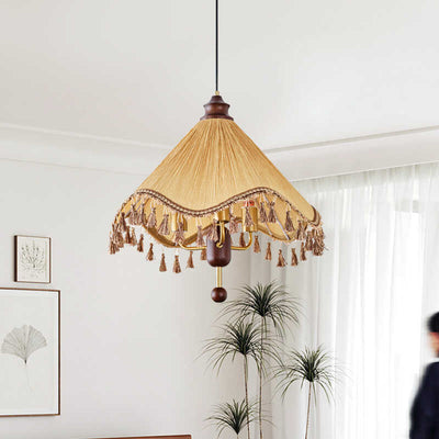 Traditional French Triangle Tassel Fabric Shade Wood Iron Frame 3-Light Pendant Light For Living Room