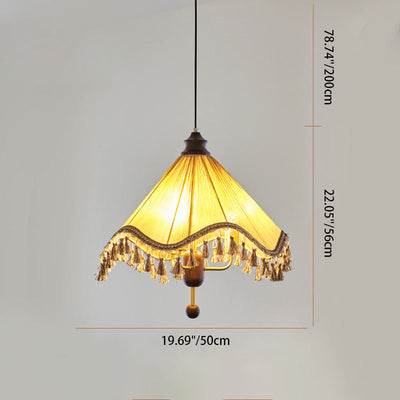 Traditional French Triangle Tassel Fabric Shade Wood Iron Frame 3-Light Pendant Light For Living Room