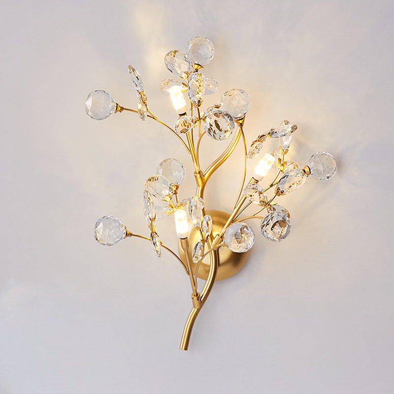 Traditional European Tree Branch Iron Crystal Glass 2/3 Light Wall Sconce Lamp For Living Room