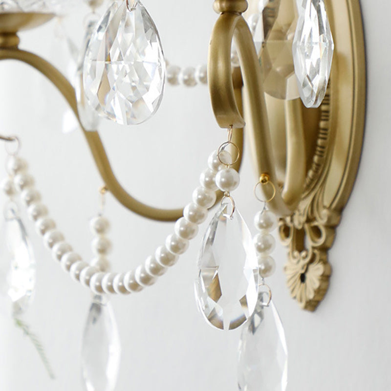 Traditional French Curved Pole Candelabra Carved Full Brass Crystal 2-Light Wall Sconce Lamp For Living Room