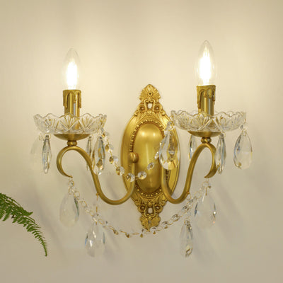 Traditional French Curved Pole Candelabra Carved Full Brass Crystal 2-Light Wall Sconce Lamp For Living Room